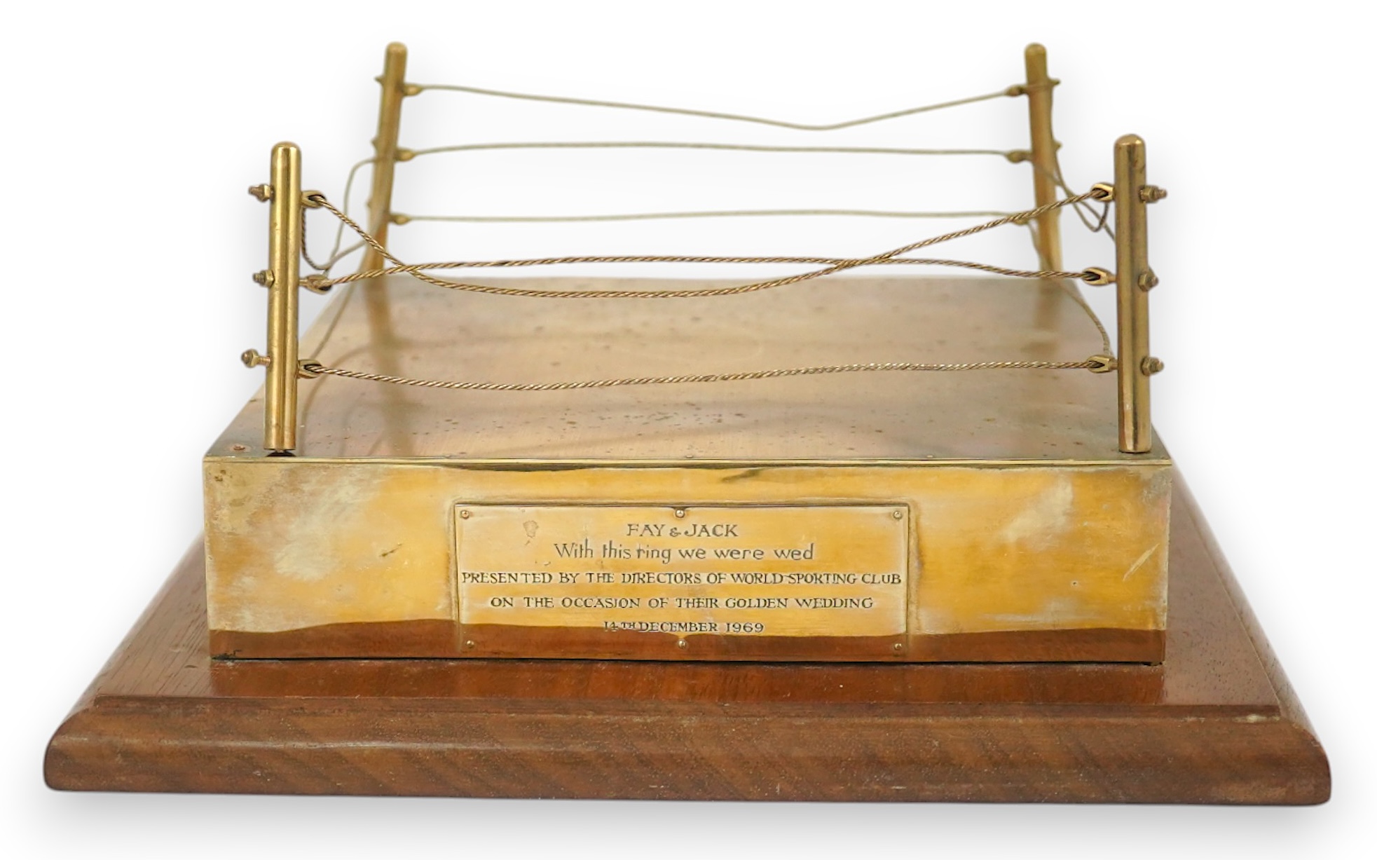 A late 1960's 9ct gold mounted Golden Wedding gift, presented to Jack & Fay Solomons from the Directors of World Sporting Club, modelled as a boxing ring